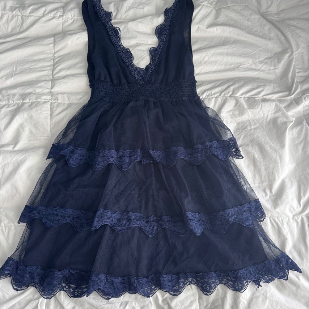 Free People Navy Lace Mini Dress XS Layered Tulle Fit & Flare